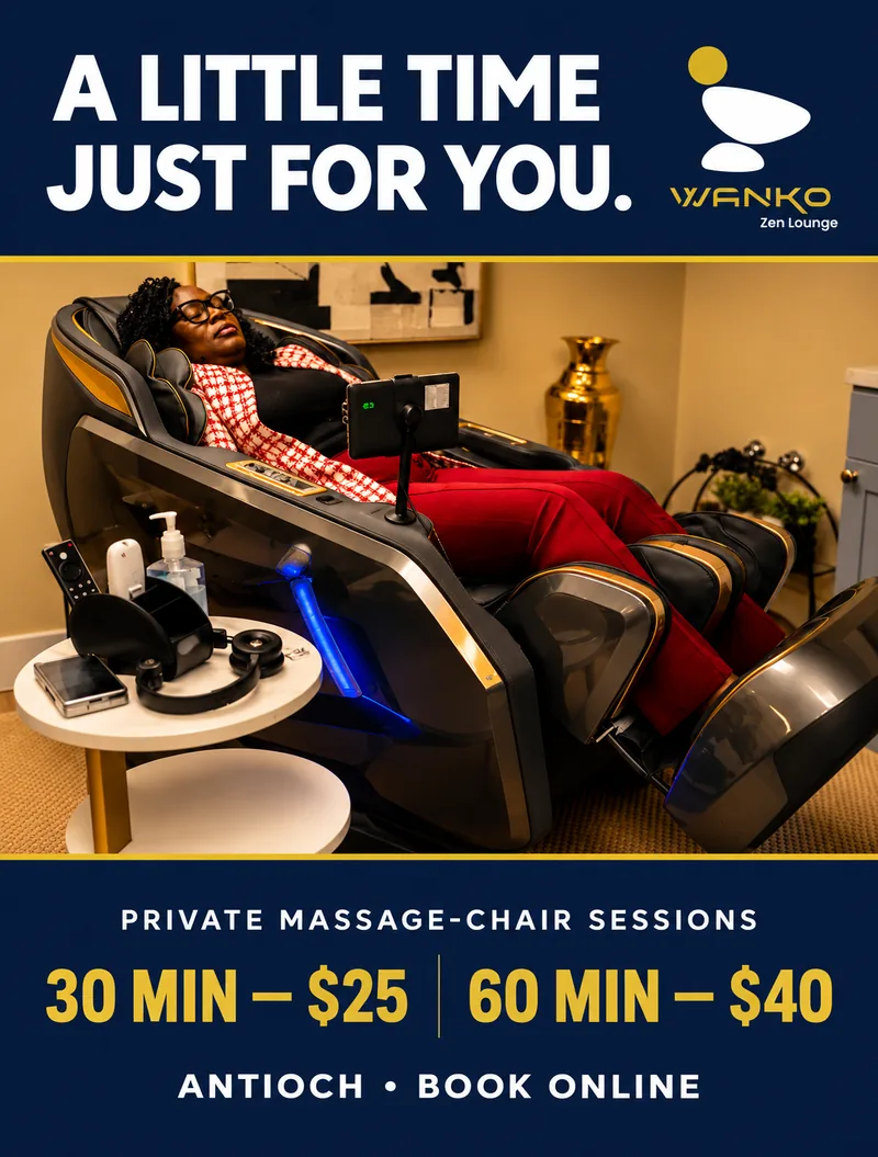 A woman relaxing in a zero-gravity massage chair in the private lounge