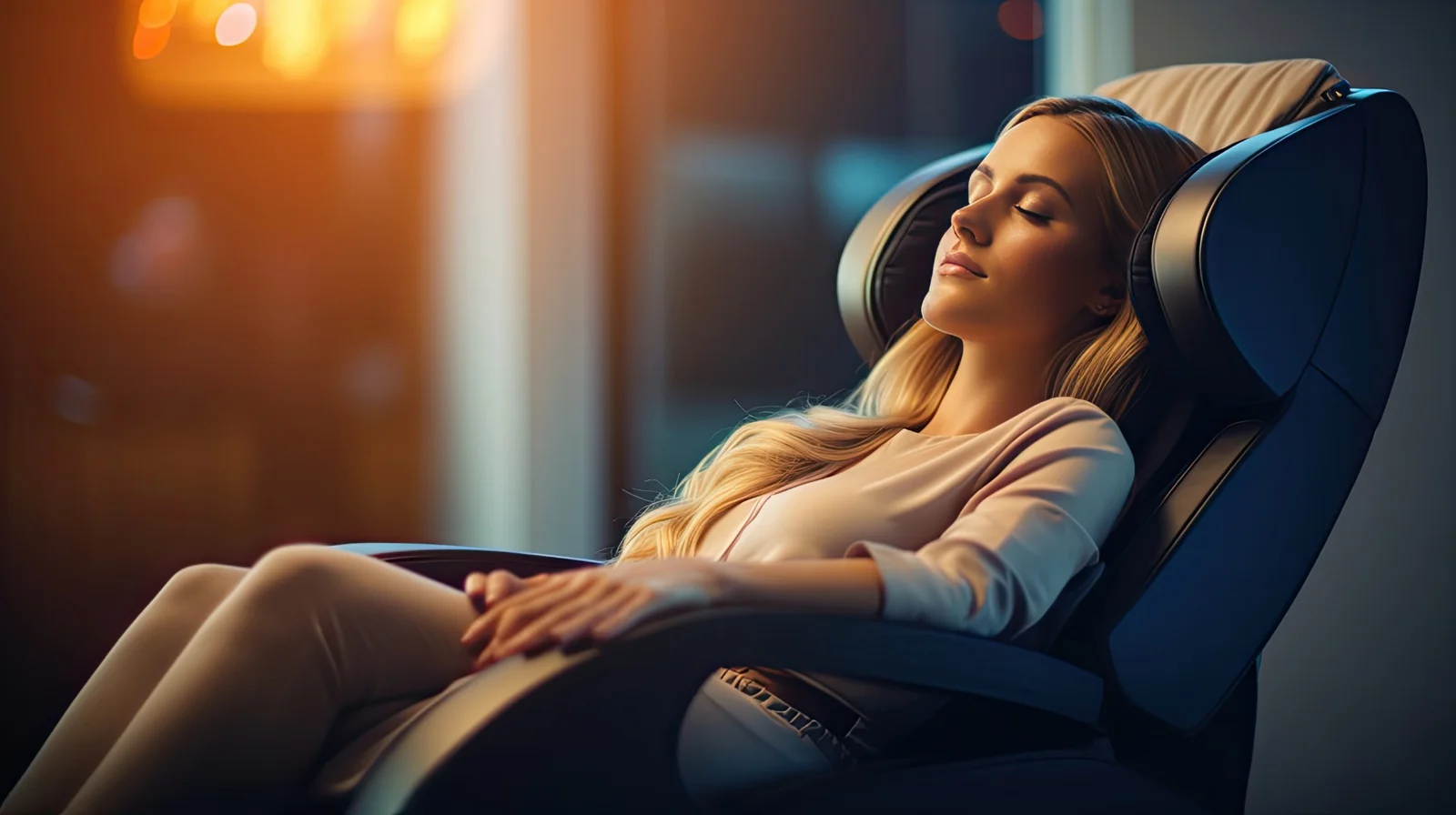 Woman relaxing in a zero-gravity massage chair